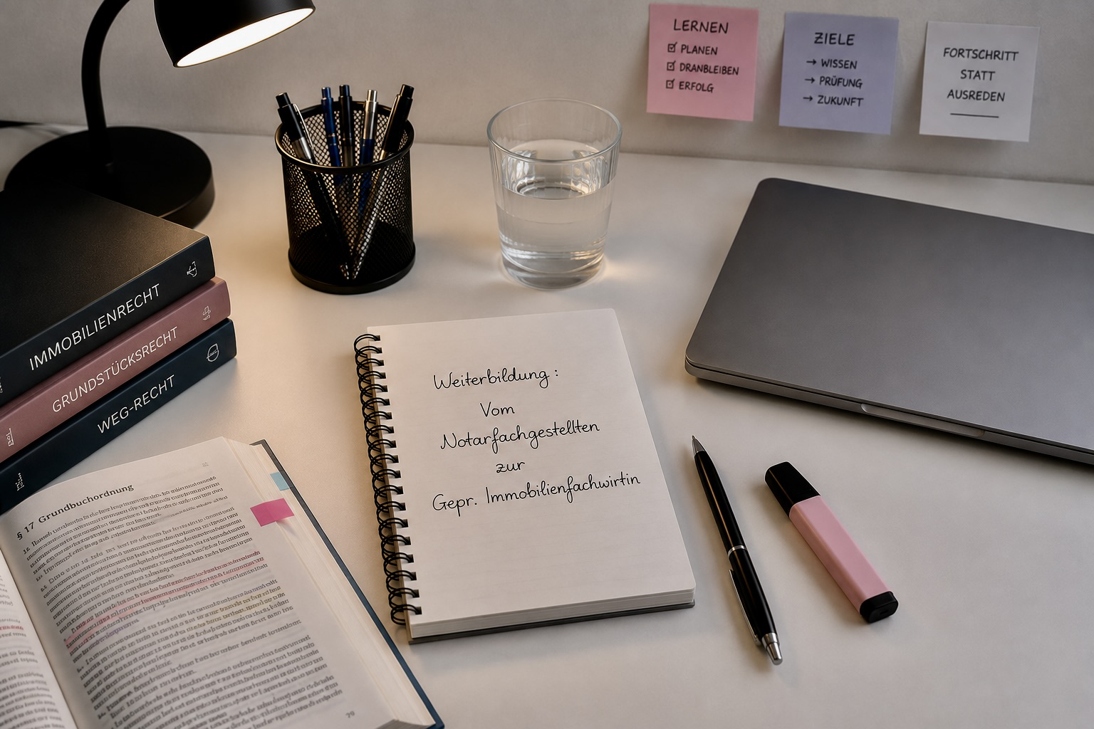 Vom Notarbüro auf die Schulbank: Meine Motivation für die Weiterbildung zur Immobilienfachwirtin Schreibtisch mit Laptop, Fachbüchern und einem Notizblock mit der Aufschrift zur Weiterbildung vom Notarfachangestellten zur Immobilienfachwirtin