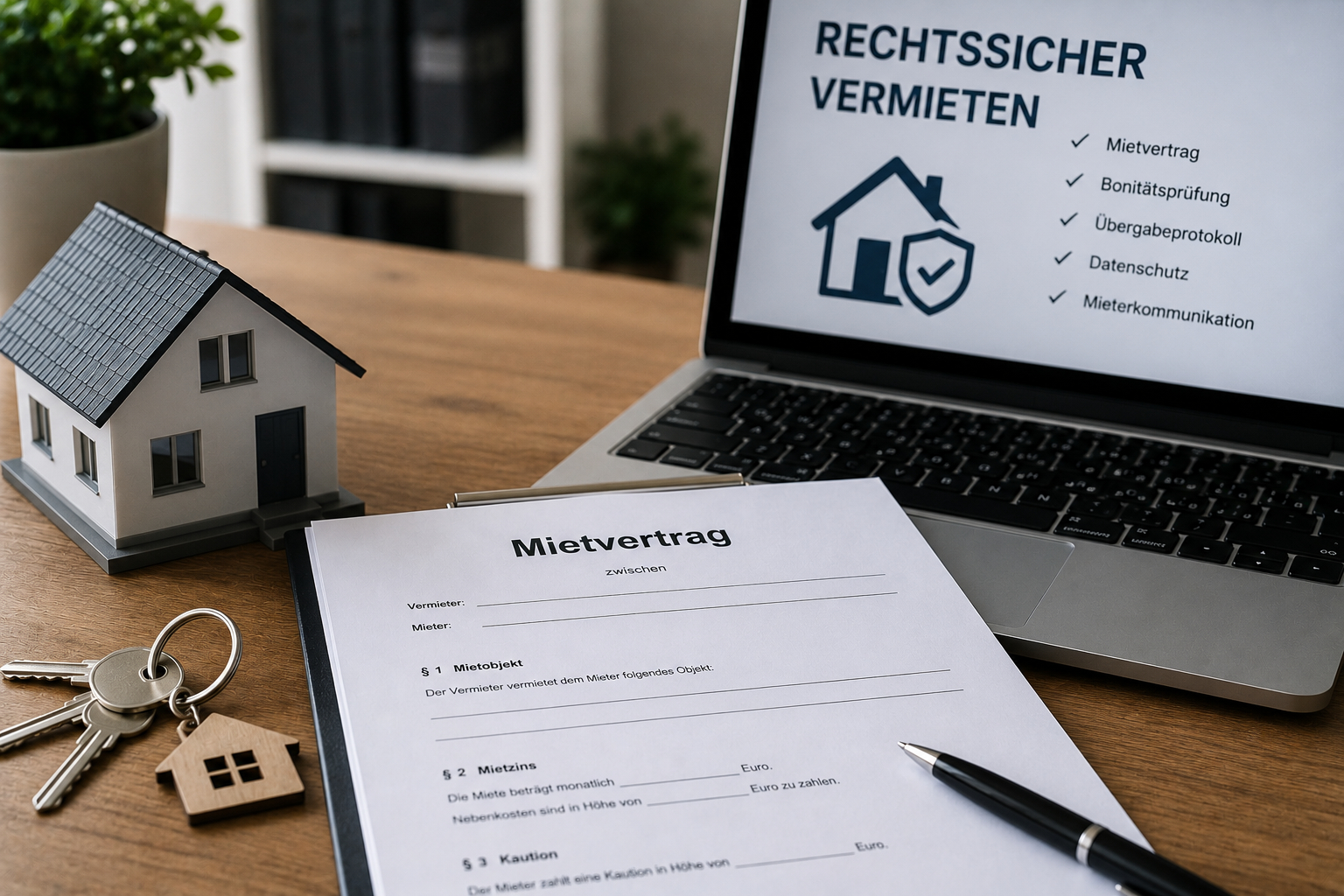 Rechtssicher vermieten: Die 3 häufigsten Fehler bei Mietverträgen – und wie Sie sie vermeiden Ein gedruckter Mietvertrag mit Kugelschreiber, Schlüsselbund und Modellhaus auf einem Schreibtisch neben einem Laptop mit der Anzeige "rechtssicher vermieten"