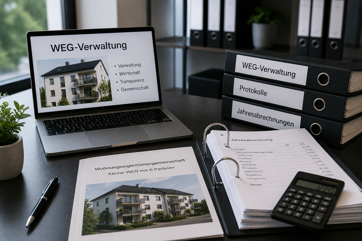Kleine Wohnungseigentümergemeinschaften: Warum die Verwaltung oft zu kurz kommt und wie es besser geht Büroschreibtisch mit Aktenordnern, einer Jahresabrechnung und einem Laptop-Bildschirm zum Thema WEG-Verwaltung für kleine Wohnungseigentümergemeinschaften