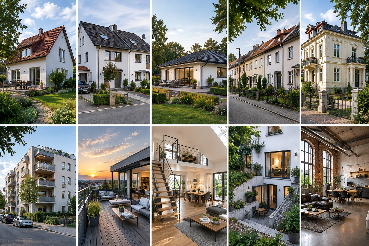 Immobilienbegriffe verstehen: Welche Haus- & Wohnungsformen gibt es? Eine Infografik mit zehn Bildbeispielen zu verschiedenen Immobilienformen. Die obere Reihe zeigt Hausformen: Einfamilienhaus, Doppelhaus, Bungalow, Reihenhaus und Villa. Die untere Reihe zeigt Wohnungsformen: Etagenwohnung, Penthouse-Dachterrasse, Maisonette mit Innentreppe, Souterrain-Wohnung im Untergeschoss und ein offenes Loft im Industrie-Stil.