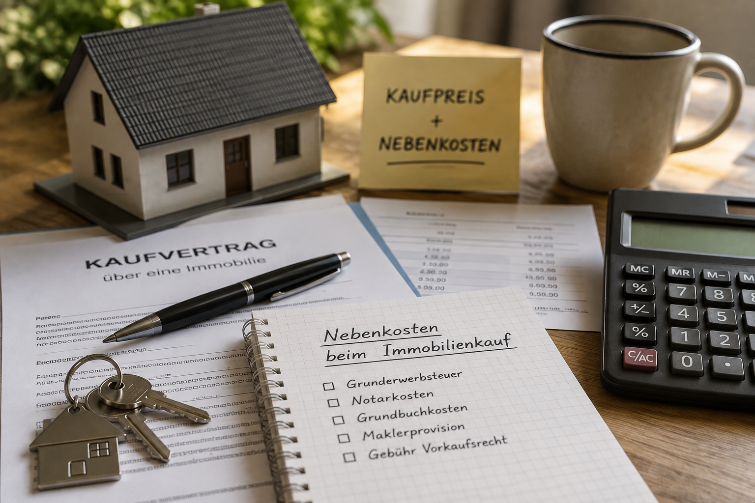 Mehr als nur der Kaufpreis: Welche Nebenkosten fallen wirklich an? Ein Schreibtisch mit Unterlagen zum Immobilienkauf. Zu sehen sind ein Dokument mit der Überschrift Kaufvertrag über eine Immobilie, ein Schlüsselbund mit Hausanhänger, ein Modellhaus, ein Taschenrechner und ein Notizblock. Auf dem Notizblock steht die Überschrift Nebenkosten beim Immobilienkauf mit einer Checkliste für Grunderwerbsteuer, Notarkosten, Grundbuchkosten, Maklerprovision und die Gebühr für das Vorkaufsrecht.