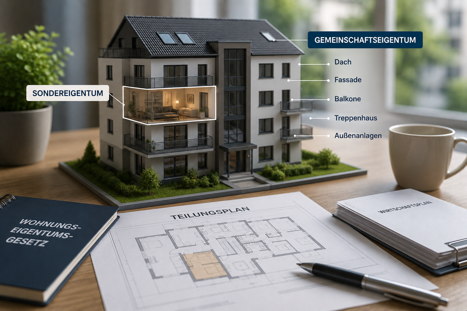 Sondereigentum vs. Gemeinschaftseigentum: Unterschiede und wer zahlt was? Eine Infografik zum Thema Wohnungseigentum auf einem Holztisch. Im Zentrum steht das Modell eines modernen Mehrfamilienhauses. Auf der linken Seite ist eine Wohnung hell erleuchtet und weiß umrandet, beschriftet mit dem Begriff Sondereigentum. Auf der rechten Seite weisen Linien auf gemeinschaftliche Bereiche des Hauses hin, beschriftet als Gemeinschaftseigentum mit den Punkten Dach, Fassade, Balkone, Treppenhaus und Außenanlagen. Im Vordergrund liegen Dokumente mit den Titeln Wohnungseigentumsgesetz, Teilungsplan inklusive einer Grundrisszeichnung mit Stift sowie ein Wirtschaftsplan.
